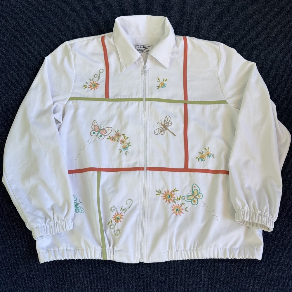 Adeline By Alfred Dunner Jacket Womens 12 White Embroidered Butterfly Floral Zip